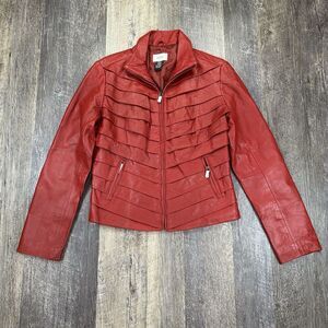 Neiman Marcus Exclusive Leather‎ Jacket Womens Medium Red Biker Tiered Full Zip